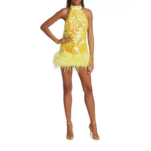 Bronx and Banco Izzy Sequin Feather Minidress yellow halter NEW size US 6 AU 10 - Picture 13 of 13